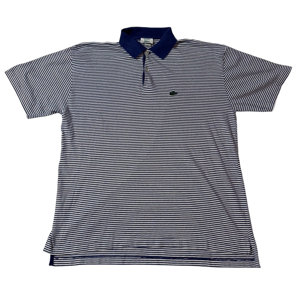 Vintage Izod Lacoste Mens Large Striped Polo Shirt Blue White Crocodile Logo